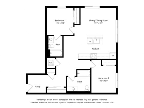 Floor plan for 2 beds, 2 baths, 1046 sqft